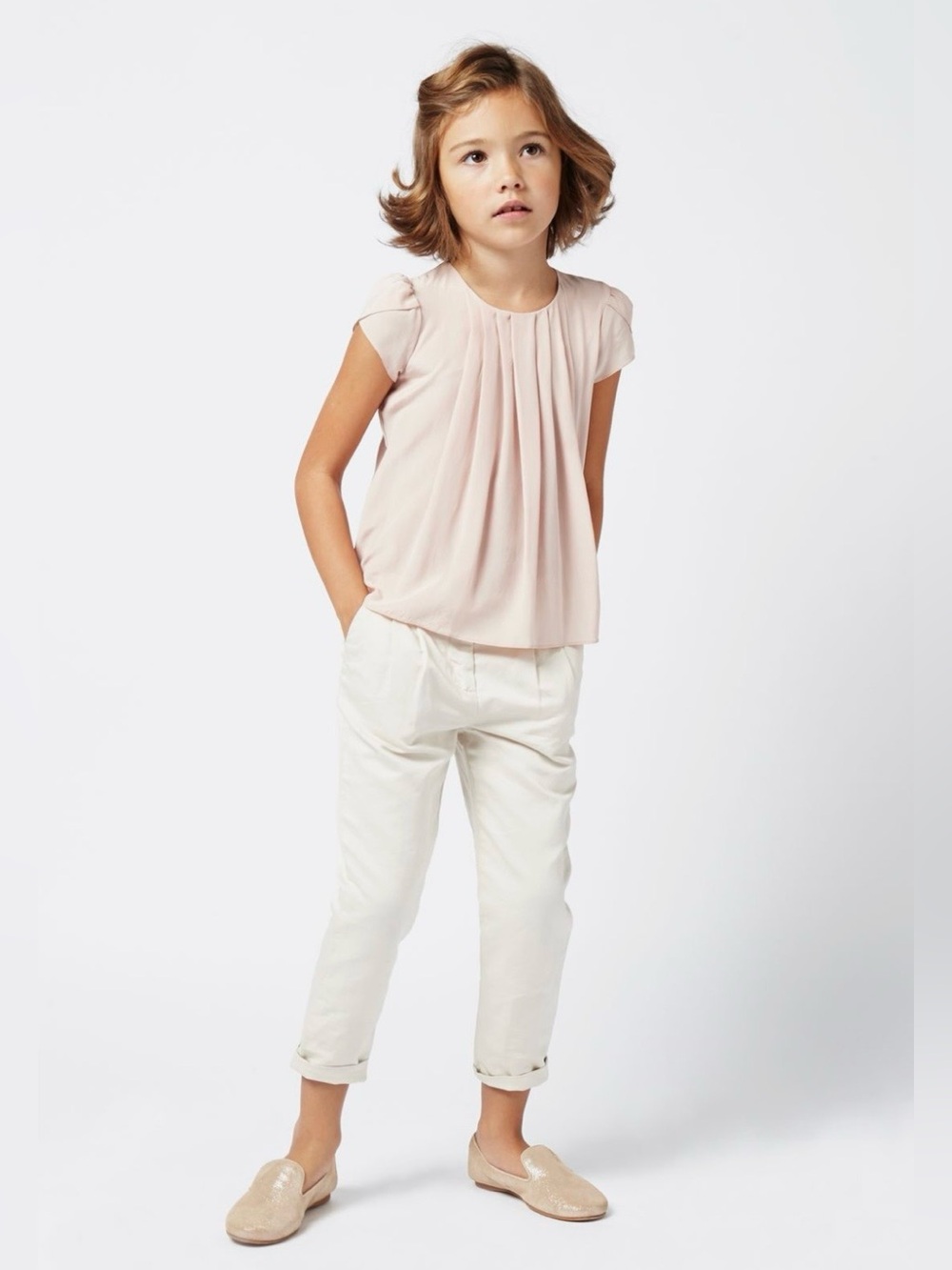 Marie Chantal Kids Girl’s Buttoned Pleat Silk Blouse/Shirt, Blush/Pale Pink, 4Y